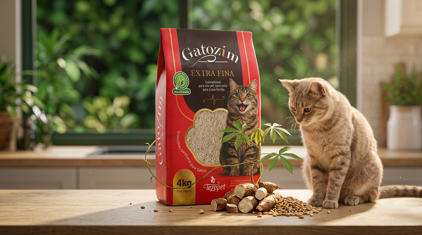 Gato próximo de areia sanitária natural Tezopet