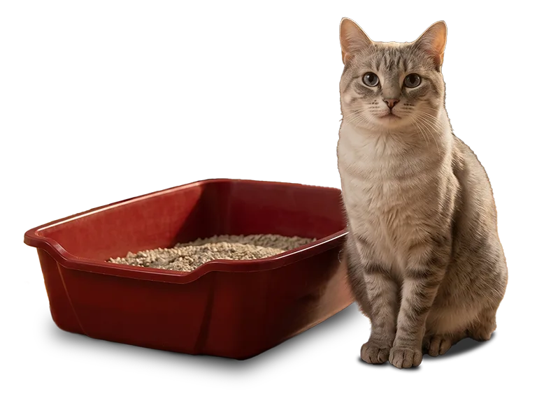 Gato saudável ao lado da caixa sanitária