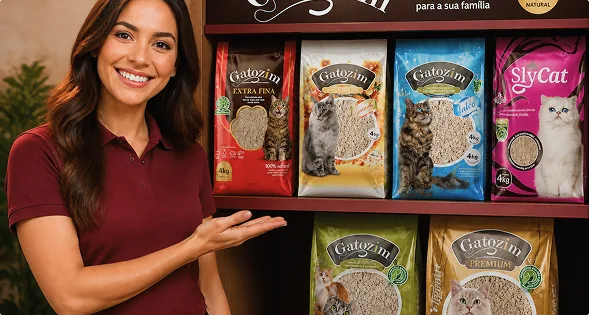 Prateleira com produtos Gatozim